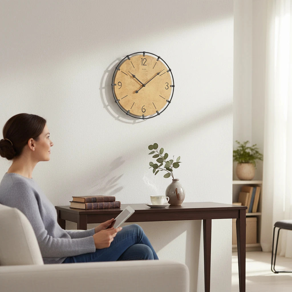 Standuhren.com 🕰️ AMS Wanduhr mit hellem Holzgehäuse und schwarzem Metallring an einer weißen Wohnzimmerwand