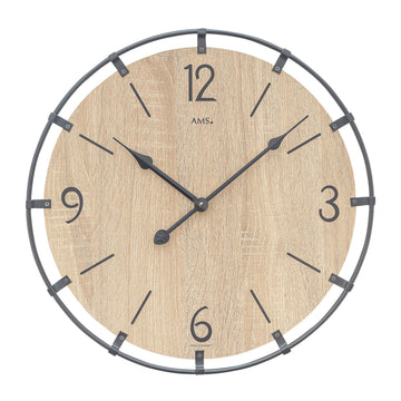 Standuhren.com 🕰️ AMS Wanduhr W9616so mit hellem Sonoma-Holz Zifferblatt und modernem, dunklem Metallring