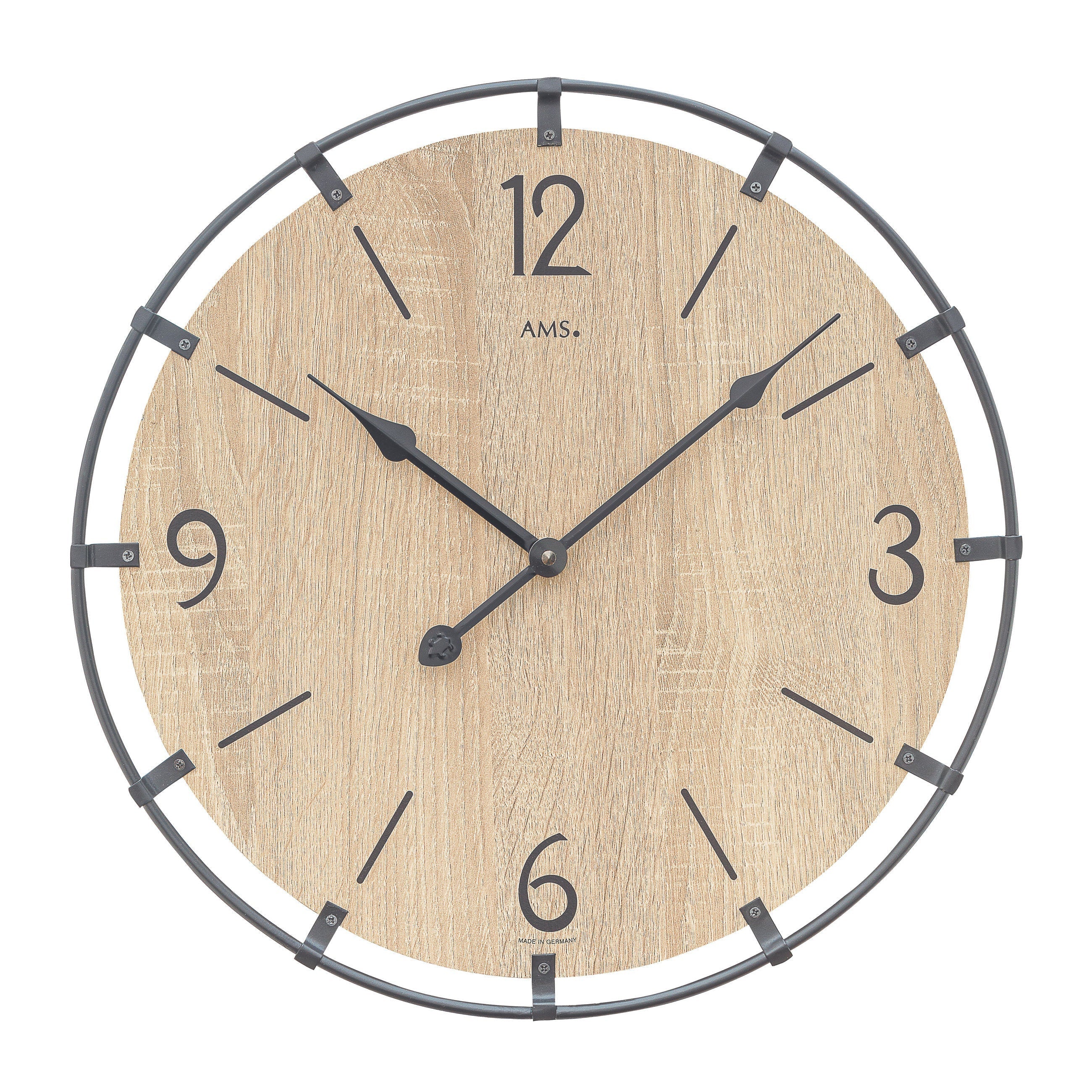 Standuhren.com 🕰️ AMS Wanduhr W9616so mit hellem Sonoma-Holz Zifferblatt und modernem, dunklem Metallring