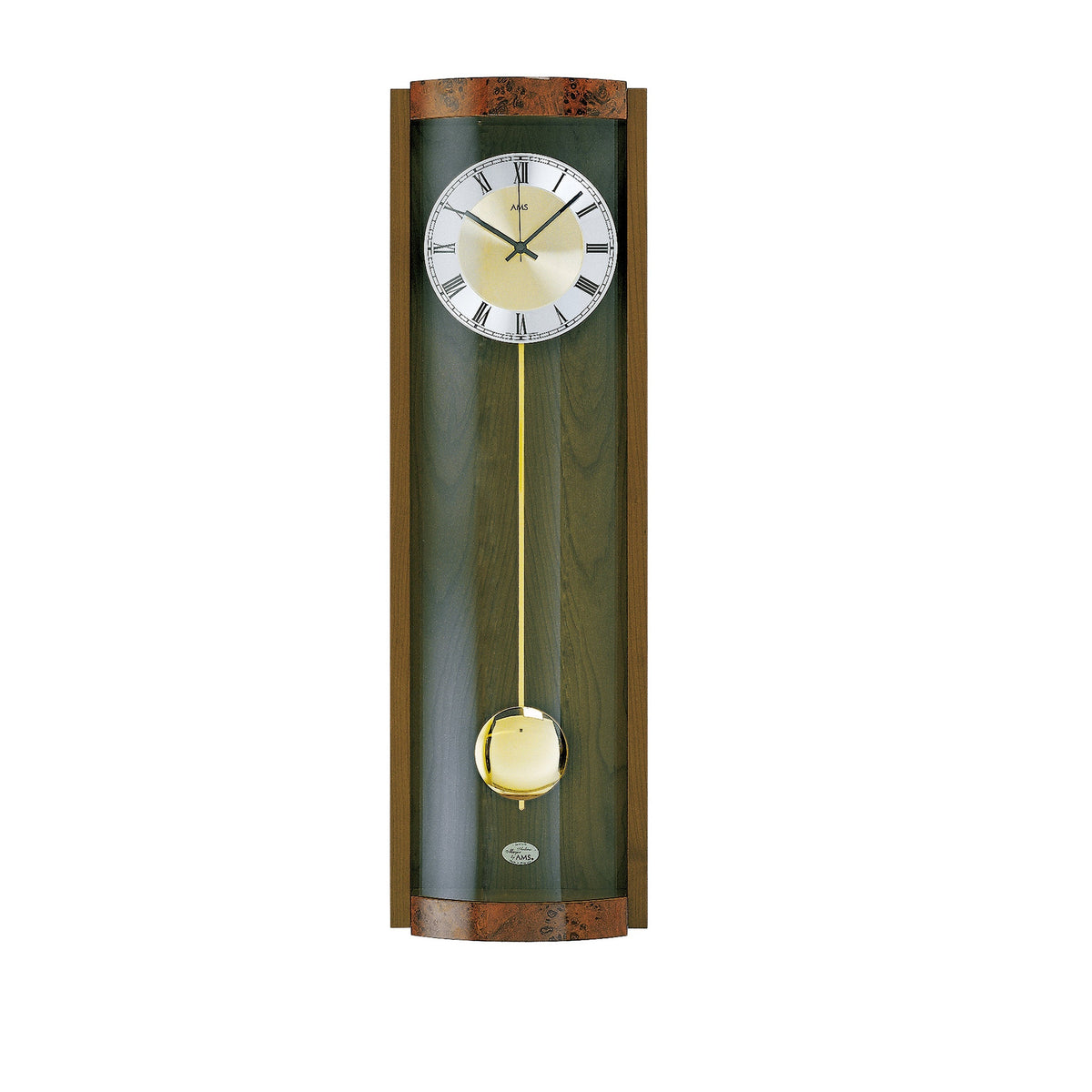 Standuhren.com 🕰️ AMS Funkwanduhr aus Nussbaum-Massivholz mit Wurzelholz-Finish, Pendel und Aluminium-Zifferblatt