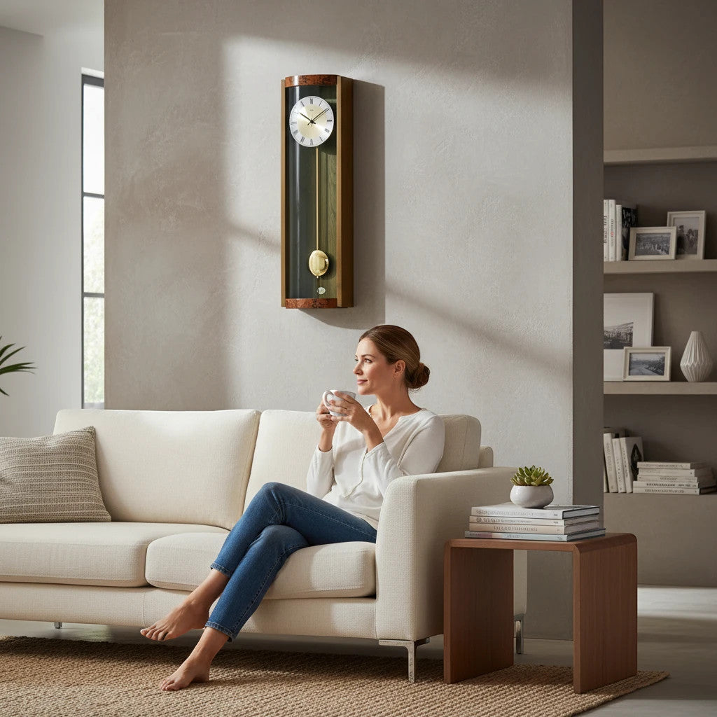 Standuhren.com 🕰️ AMS Funkwanduhr aus Nussbaumholz mit Wurzelholz-Finish und Pendel in einem eleganten Wohnzimmer