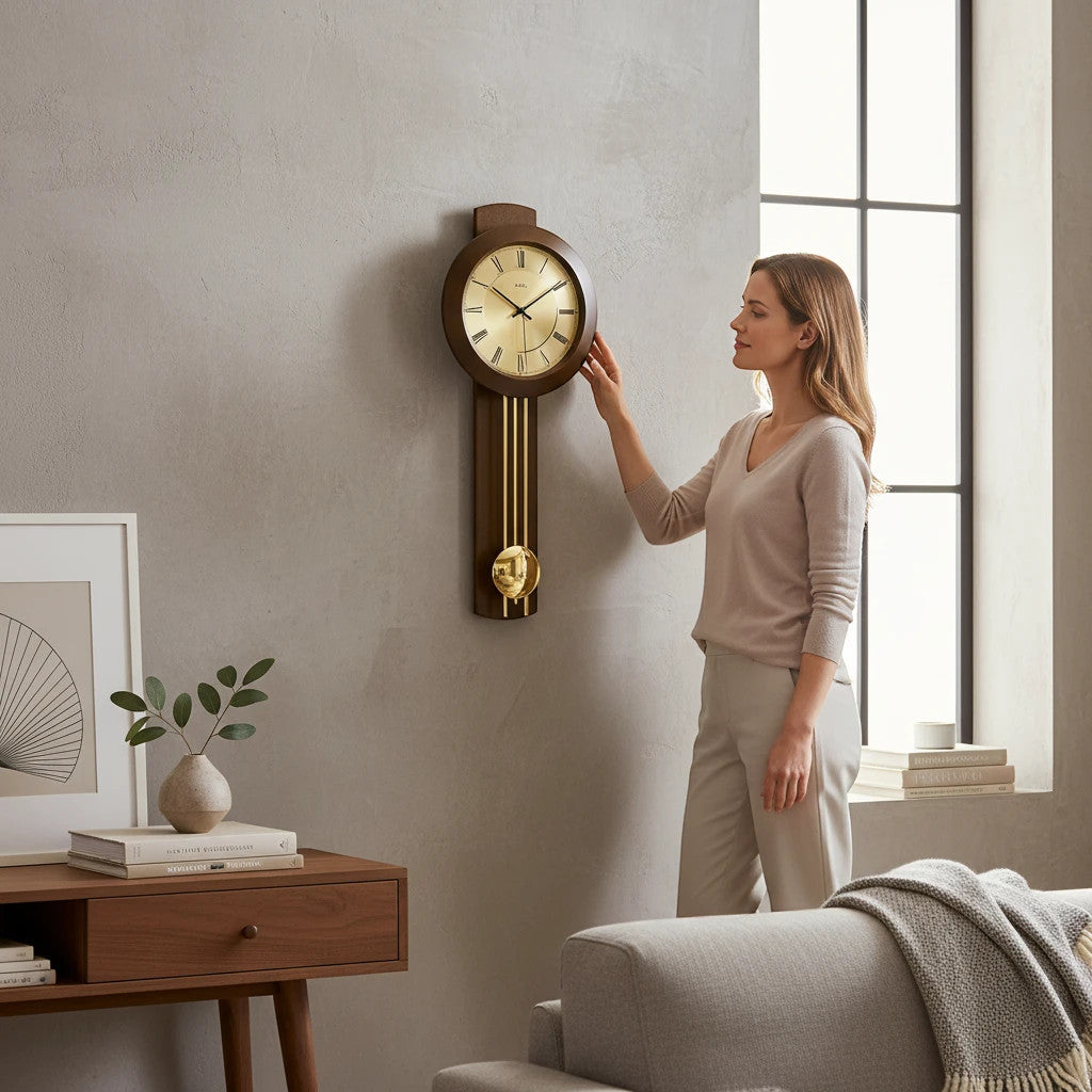 Standuhren.com 🕰️ AMS Pendel-Funkwanduhr aus Nussbaum-Massivholz mit goldenem Zifferblatt in einem eleganten Wohnzimmer
