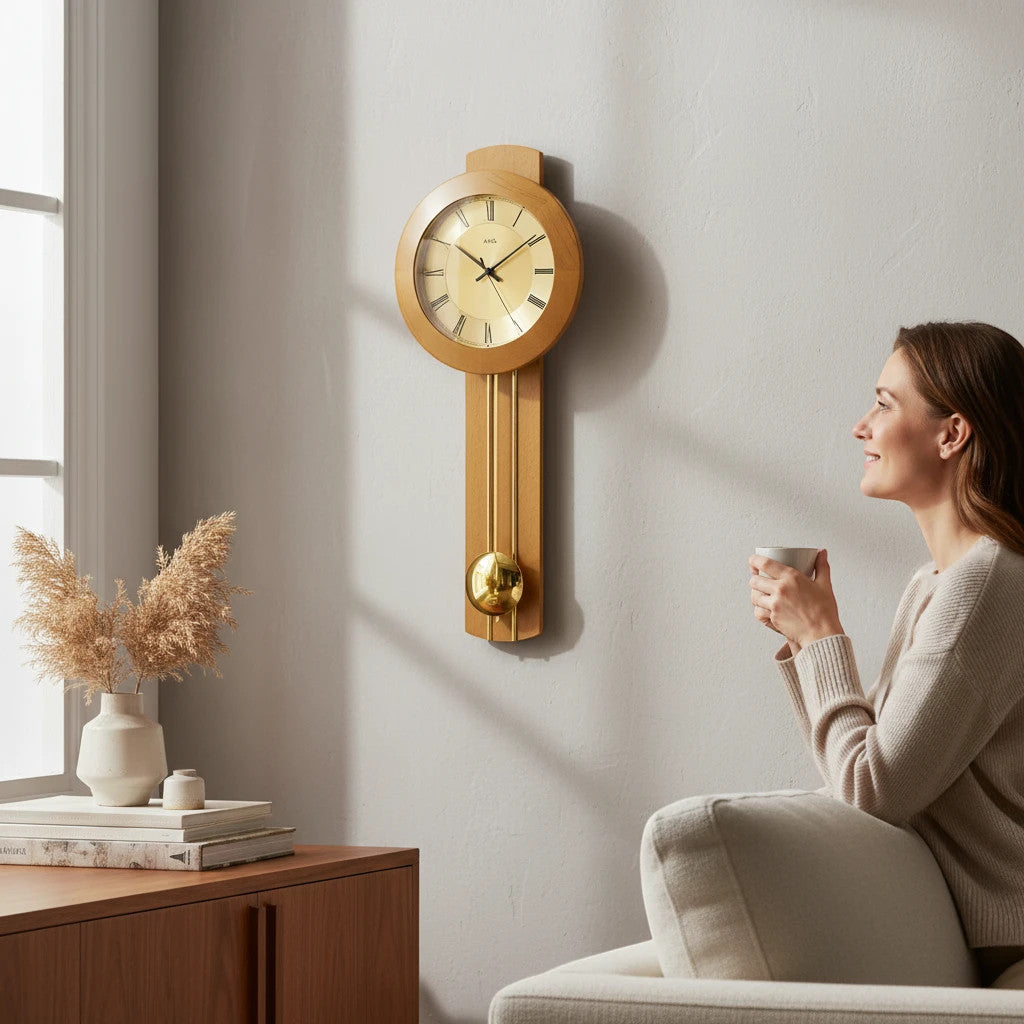 Standuhren.com 🕰️ AMS Funk-Pendelwanduhr aus Kirschbaum-Massivholz mit goldenem Zifferblatt in einem Wohnzimmer