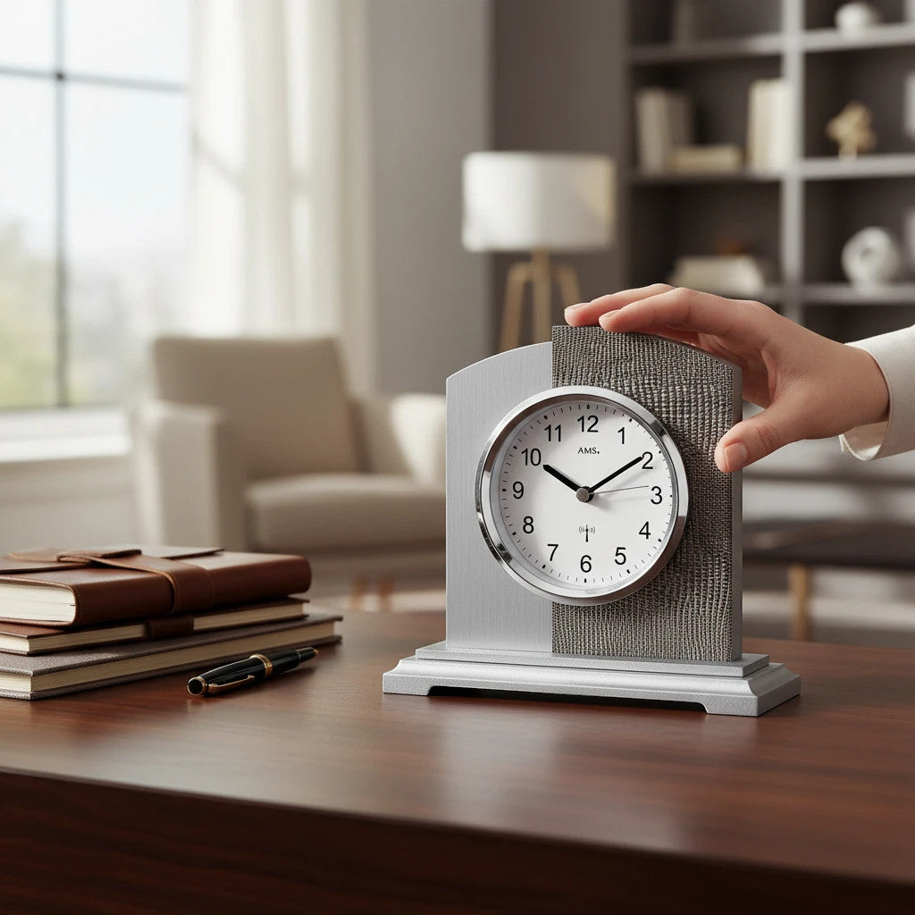 Standuhren.com 🕰️ AMS F5144 Funk-Tischuhr aus Holz, grauem Kunstleder und Aluminium auf einem Schreibtisch