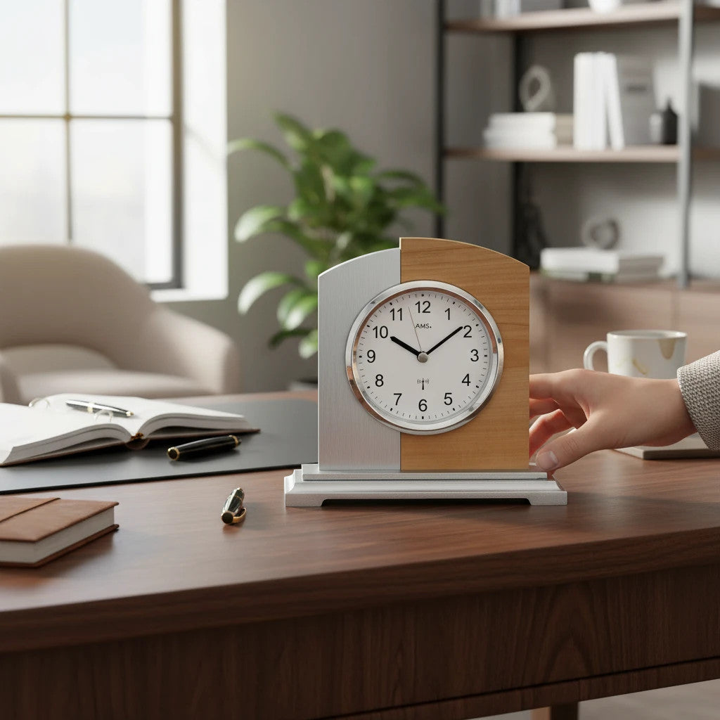 Standuhren.com 🕰️ AMS Funk-Tischuhr aus Kernbuche und Aluminium mit modernem Design auf einem Schreibtisch