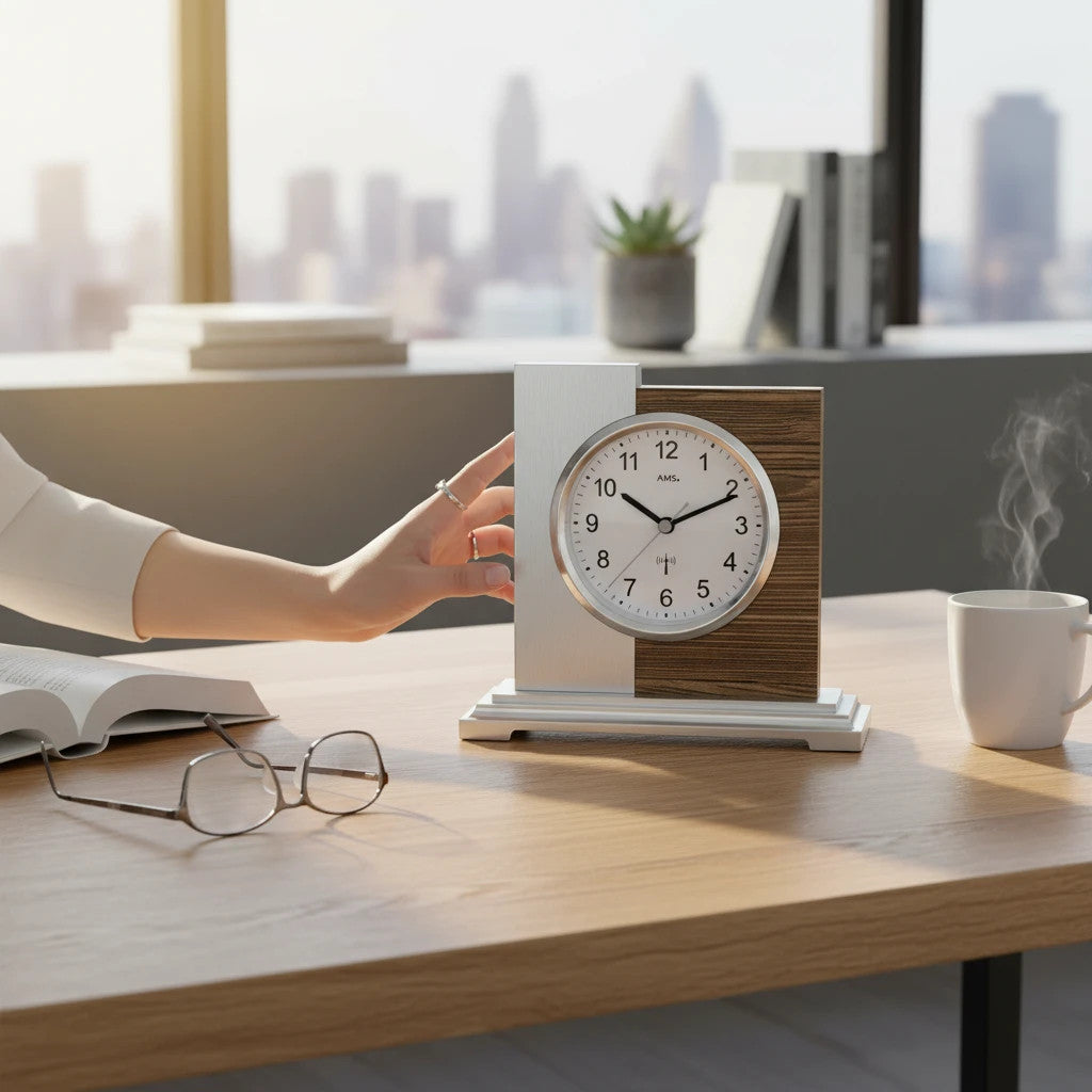 Standuhren.com 🕰️ AMS Funk-Tischuhr aus Holz und Aluminium auf einem Schreibtisch mit einer Hand im Hintergrund