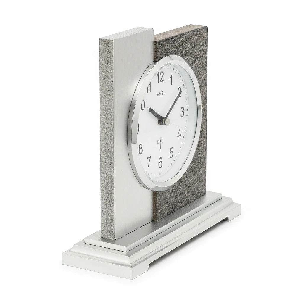 Standuhren.com 🕰️ AMS F5150 Funk-Tischuhr aus Holz mit Naturstein- und Aluminium-Elementen in moderner Optik