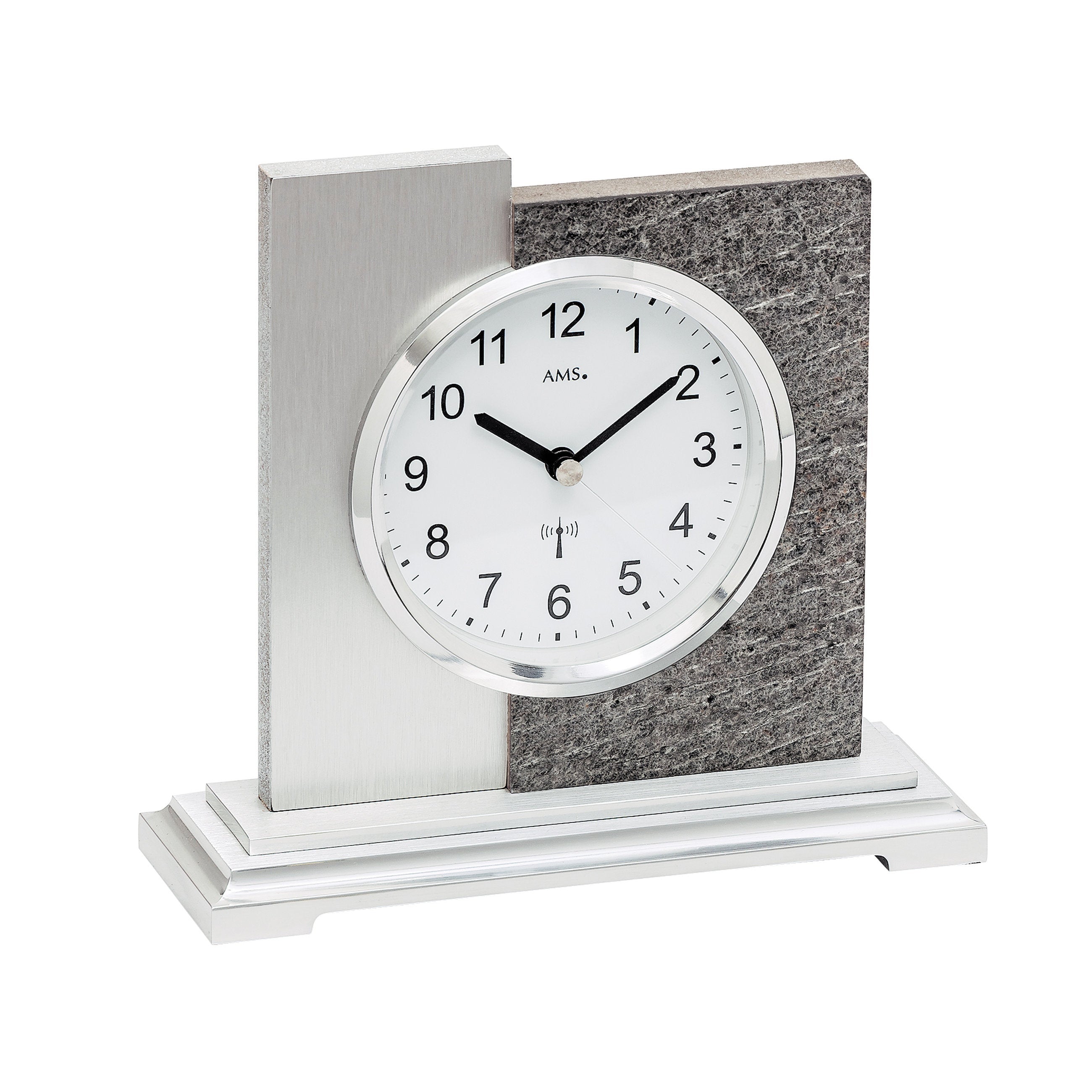 Standuhren.com 🕰️ AMS F5150 Funk-Tischuhr mit modernem Holzgehäuse, Naturstein-Akzenten und Aluminium-Front