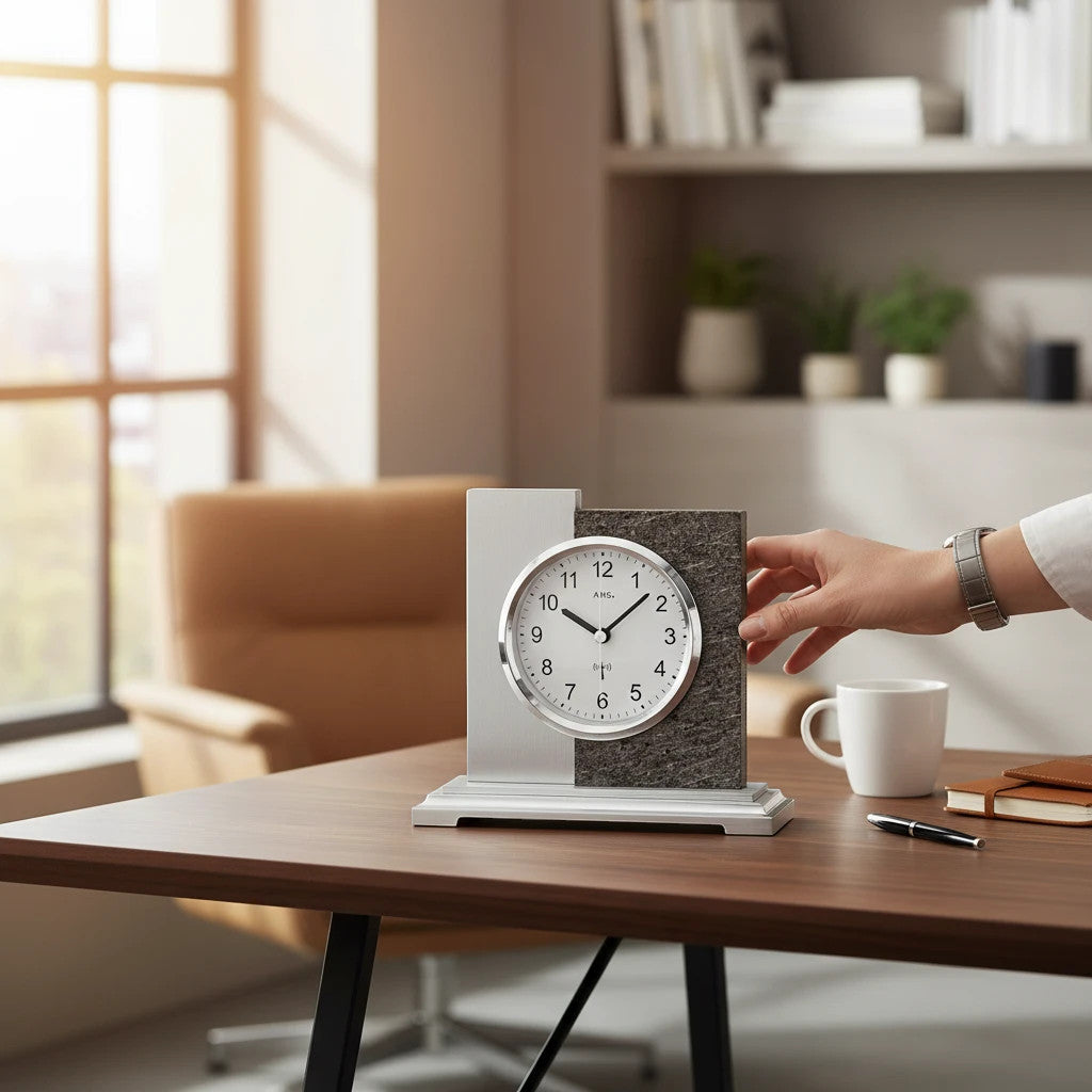 Standuhren.com 🕰️ AMS F5150 Funk-Tischuhr mit Holzgehäuse, Naturstein-Akzenten und Aluminium-Elementen auf Schreibtisch
