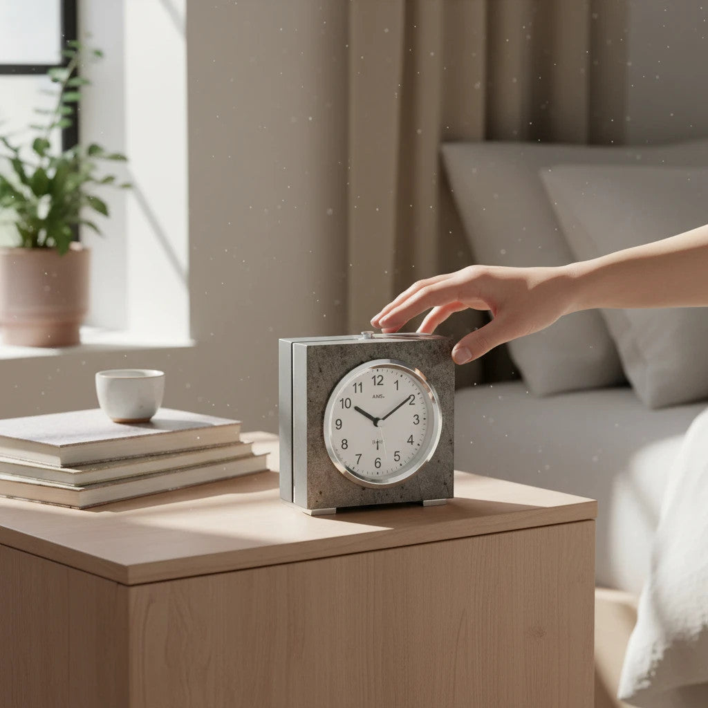 Standuhren.com 🕰️ AMS Funk-Tischuhr mit Holzgehäuse, Stein-Optik und Aluminium-Front auf einem Nachttisch