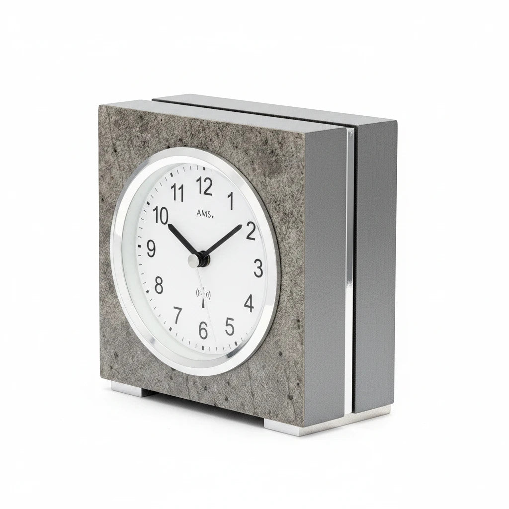 Standuhren.com 🕰️ AMS F5156 Funk-Tischuhr mit modernem Holzgehäuse, Stein-Optik und Aluminium-Akzenten