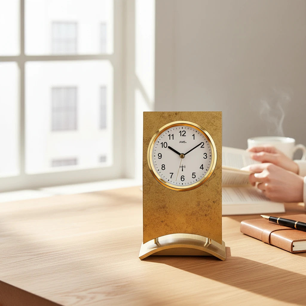 Standuhren.com 🕰️ Funk-Tischuhr AMS F5157 mit antikem Messing-Finish und Holzgehäuse auf einem Schreibtisch