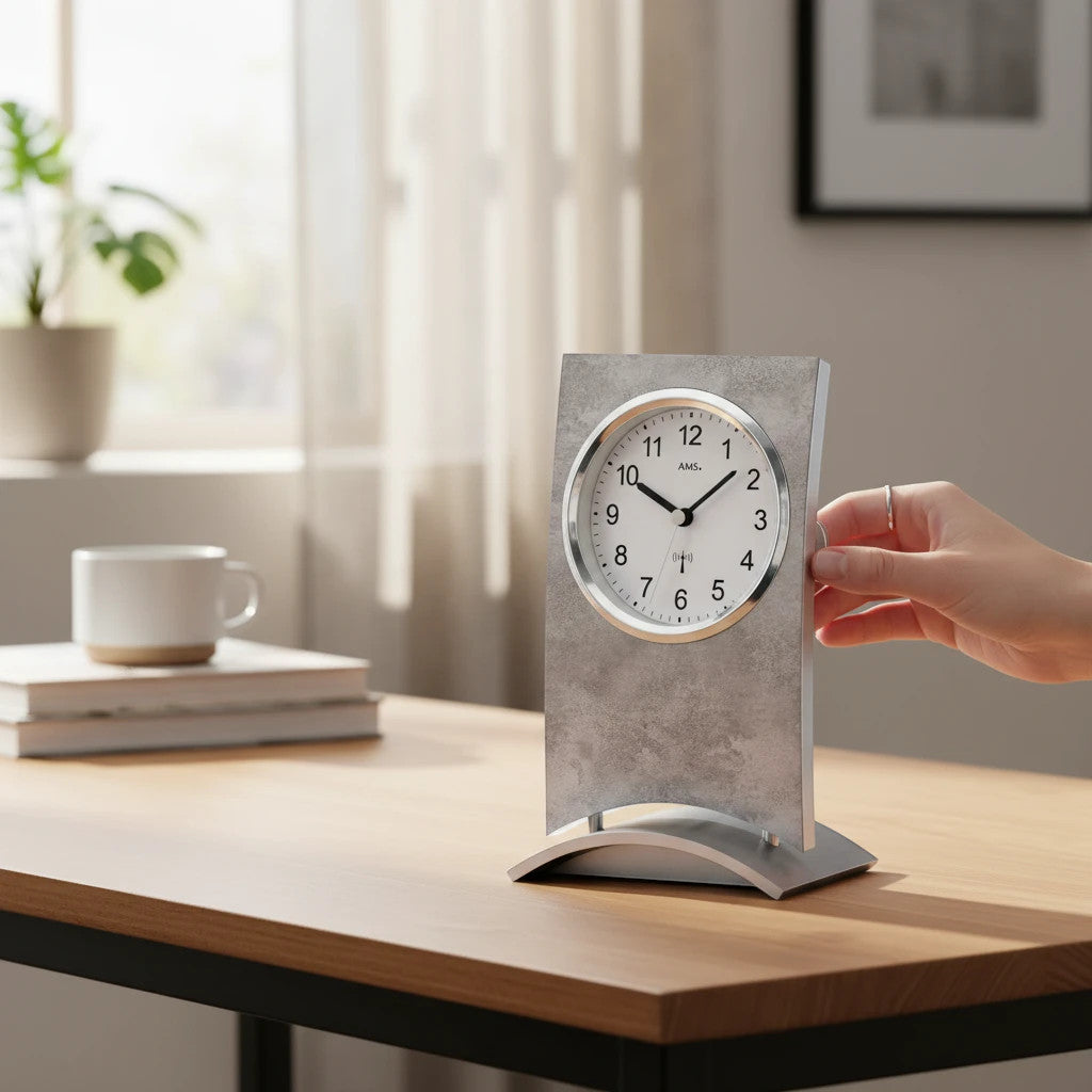 Standuhren.com 🕰️ Funk-Tischuhr AMS F5158 mit Holzgehäuse in Antiksilber-Optik auf einem Schreibtisch