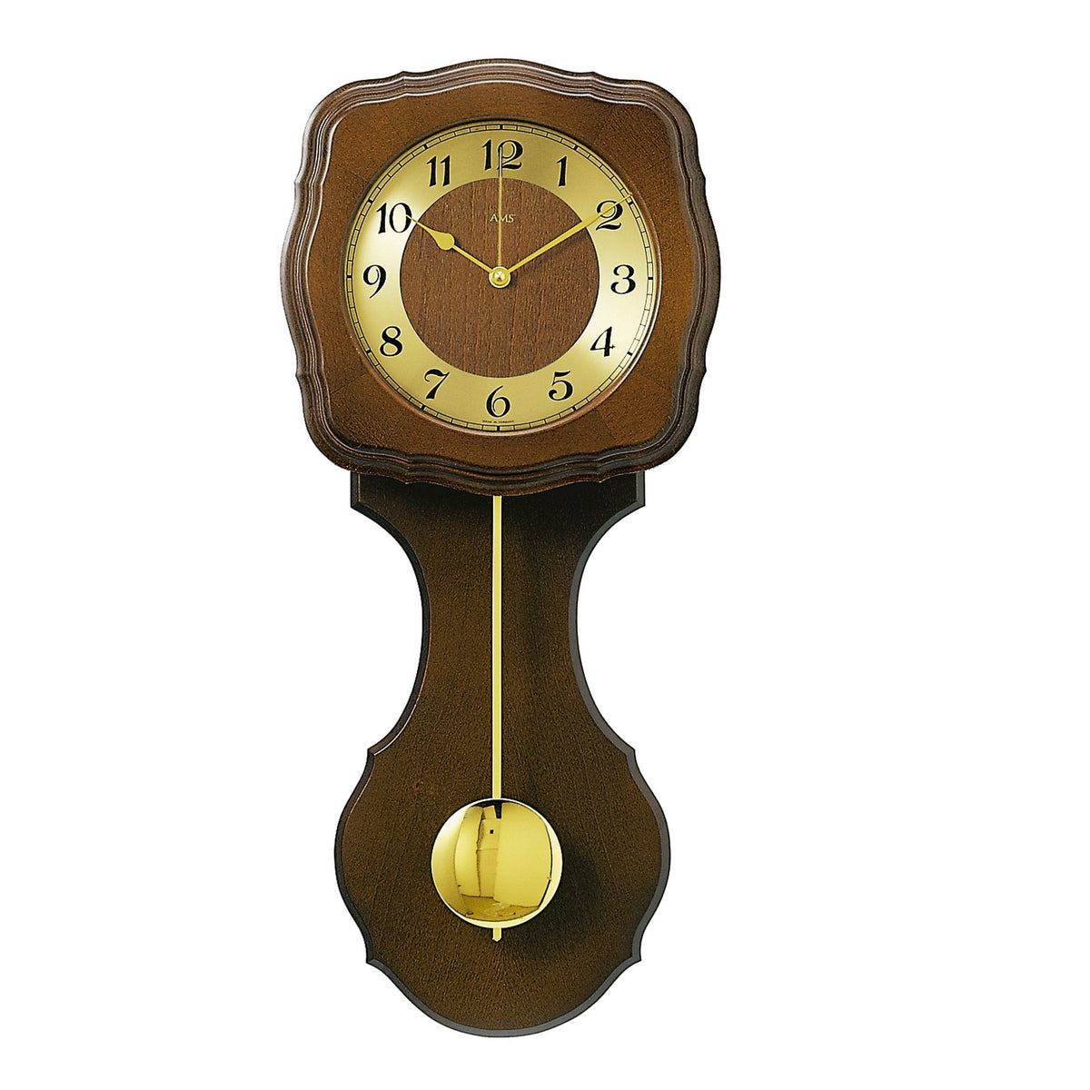 Standuhren.com 🕰️ AMS Funk-Pendelwanduhr aus Nussbaumholz mit goldenem Zifferblatt und klassischem Schlagwerk