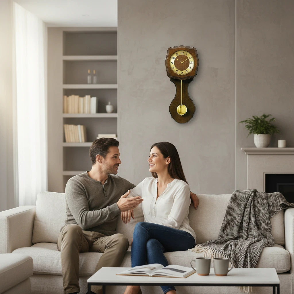 Standuhren.com 🕰️ AMS Funk-Pendelwanduhr aus Nussbaumholz mit goldenem Zifferblatt in einem eleganten Wohnzimmer