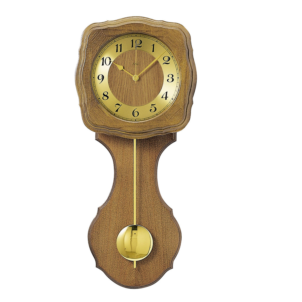 Standuhren.com 🕰️ AMS Funk-Pendelwanduhr aus hellem Eichenholz mit goldenem Zifferblatt und klassischem Schlagwerk