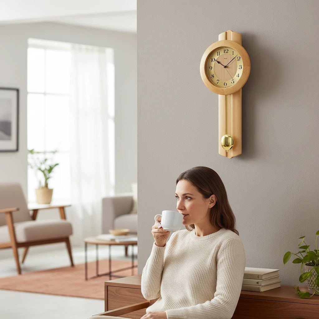 Standuhren.com 🕰️ AMS Pendel-Funkwanduhr aus hellem Erlen-Massivholz mit Aluminium-Zahlenring in einem Wohnzimmer
