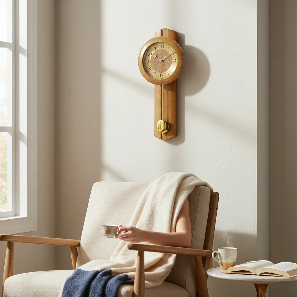 Standuhren.com 🕰️ AMS Funkwanduhr aus hellem Eichenholz mit Pendel und Aluminium-Zahlenring in einem Wohnzimmer