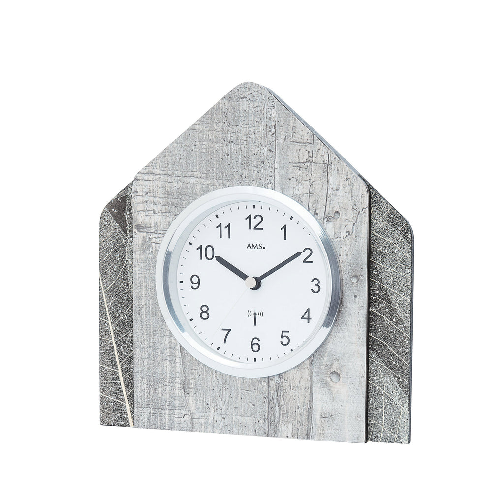Standuhren.com 🕰️ AMS Funk-Tischuhr mit Holzgehäuse, Natur-Blatt-Design und funkelnden Swarovski-Kristallen