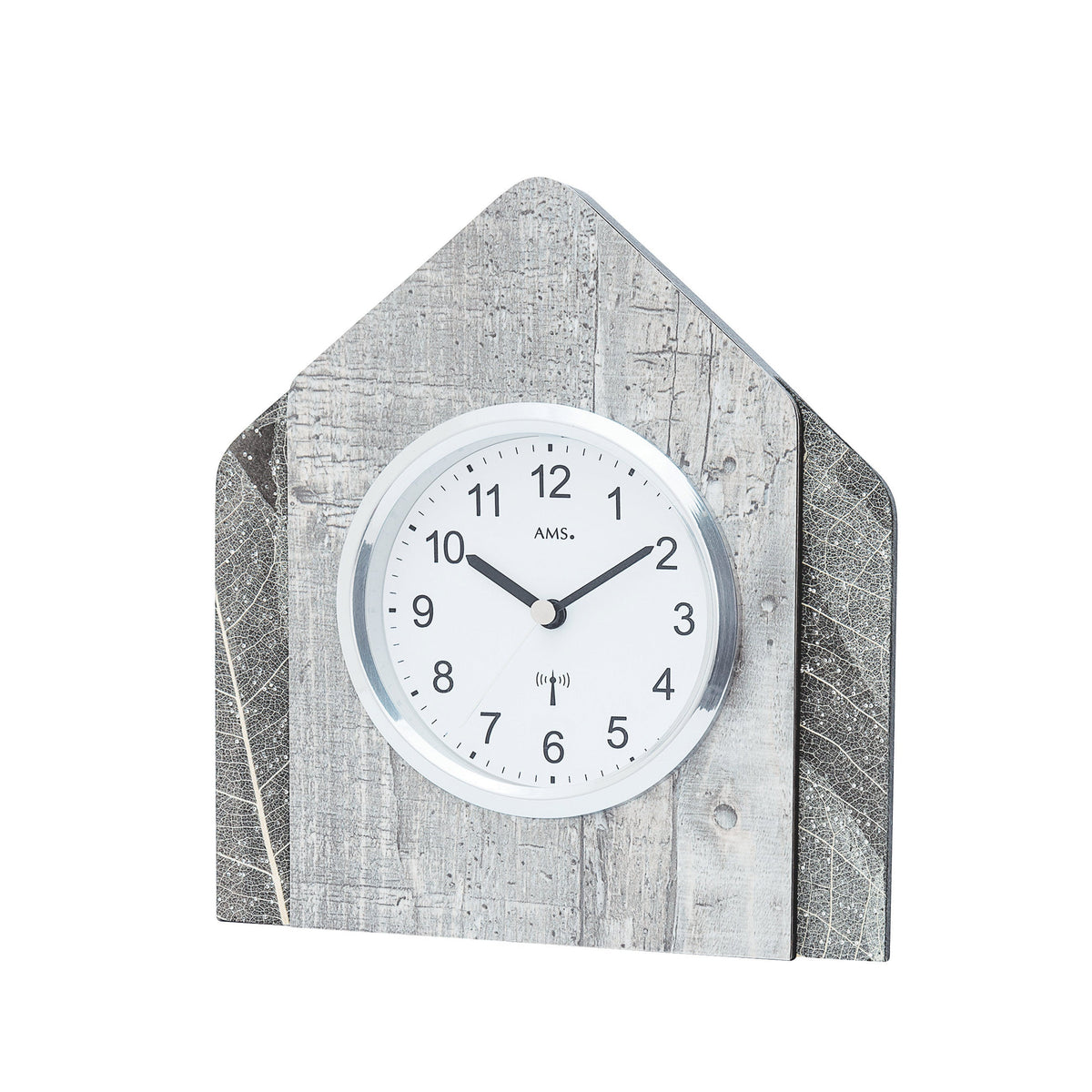 Standuhren.com 🕰️ AMS Funk-Tischuhr mit Holzgehäuse, Natur-Blatt-Design und funkelnden Swarovski-Kristallen
