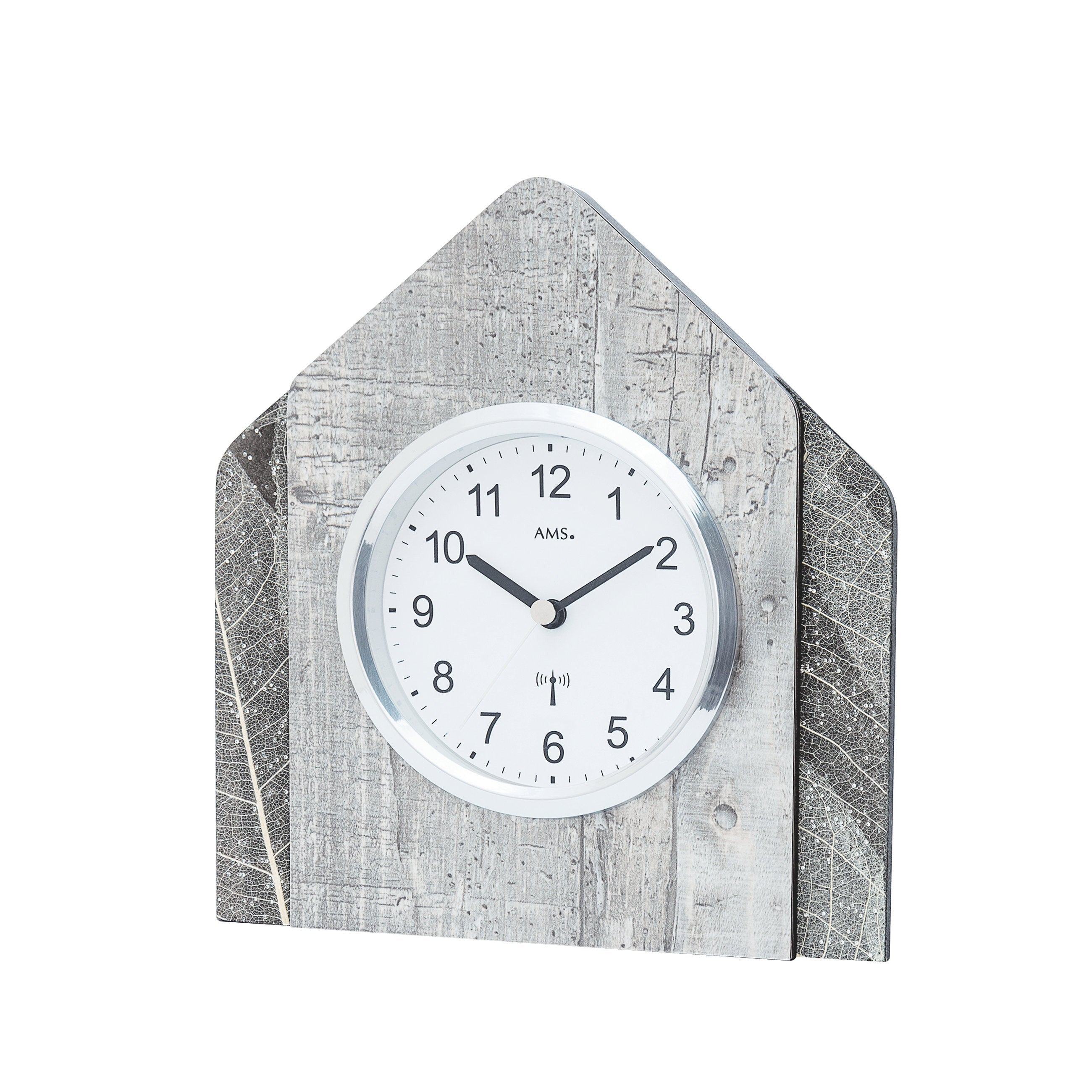 Standuhren.com 🕰️ AMS Funk-Tischuhr mit Holzgehäuse, Natur-Blatt-Design und funkelnden Swarovski-Kristallen
