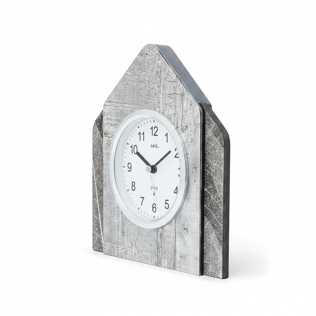 Standuhren.com 🕰️ AMS Funk-Tischuhr aus Holz mit Blatt-Design, Swarovski-Kristallen und weißem Zifferblatt in Hausform