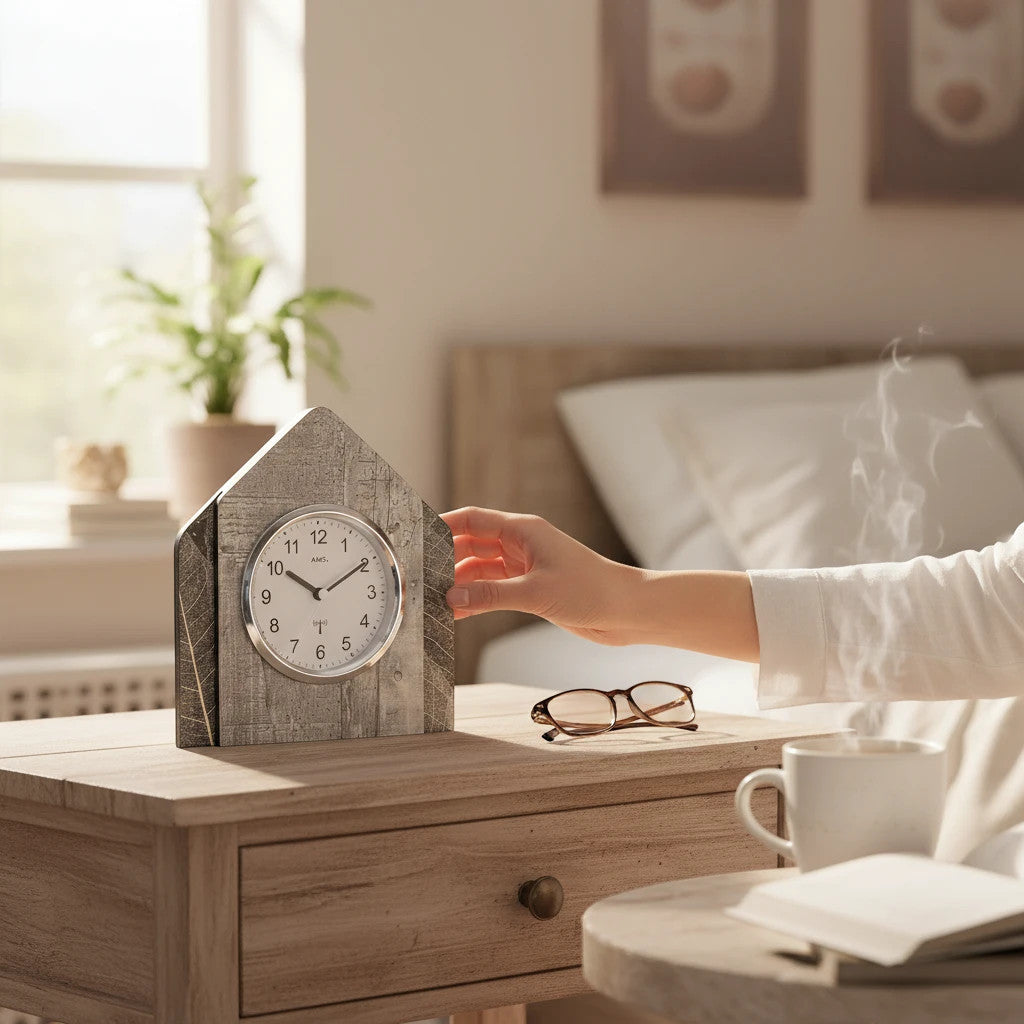 Standuhren.com 🕰️ AMS Funk-Tischuhr aus Holz mit Natur-Blatt-Design und Swarovski-Kristallen auf einem Nachttisch