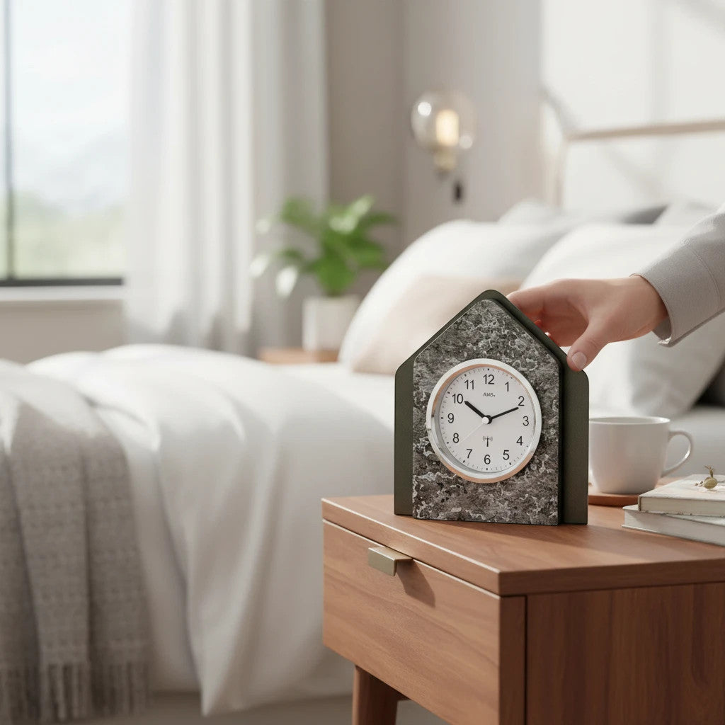 Standuhren.com 🕰️ AMS F5169 Funk-Tischuhr mit modernem Holzgehäuse in Steinoptik und Metallic-Akzenten auf Nachttisch