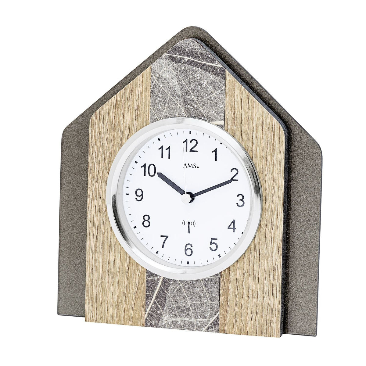Standuhren.com 🕰️ Funk-Tischuhr AMS F5170 in Sonoma-Holzoptik mit Blatt-Dekor und Swarovski-Kristallen