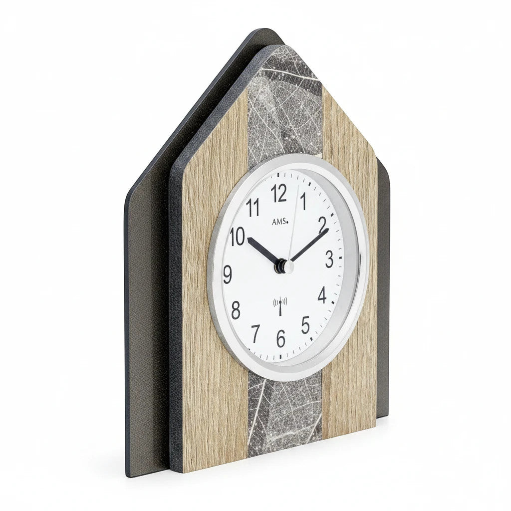 Standuhren.com 🕰️ Funk-Tischuhr AMS F5170 mit Sonoma-Holz, Natur-Blatt-Design und Swarovski-Kristallen in Hausform