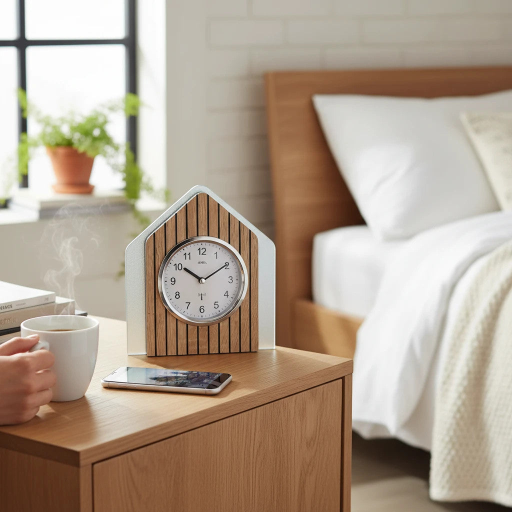 Standuhren.com 🕰️ AMS F5171 Funk-Tischuhr in Sonoma-Holzoptik mit modernem Aluminium-Frontring auf einem Nachttisch