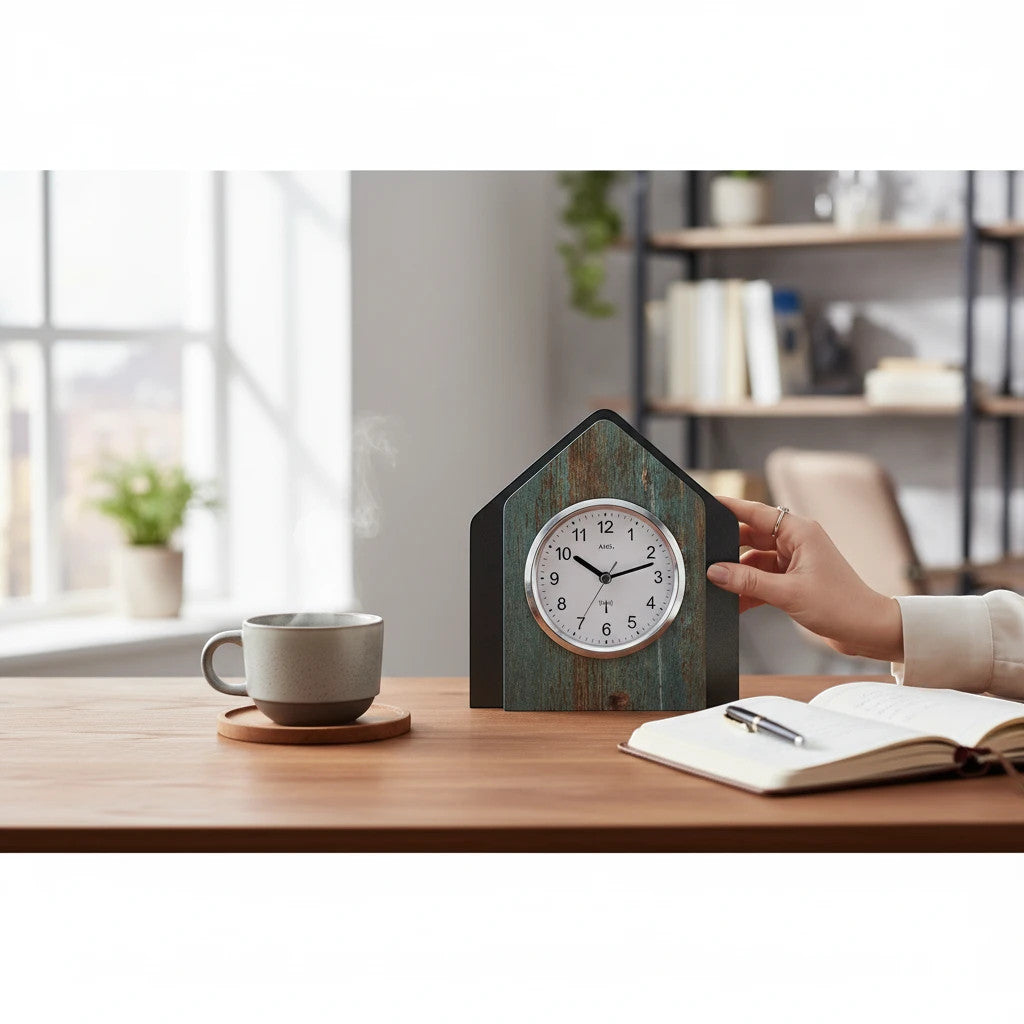 Standuhren.com 🕰️ AMS Funk-Tischuhr mit Holzgehäuse in Hausform auf einem Schreibtisch neben einer Kaffeetasse