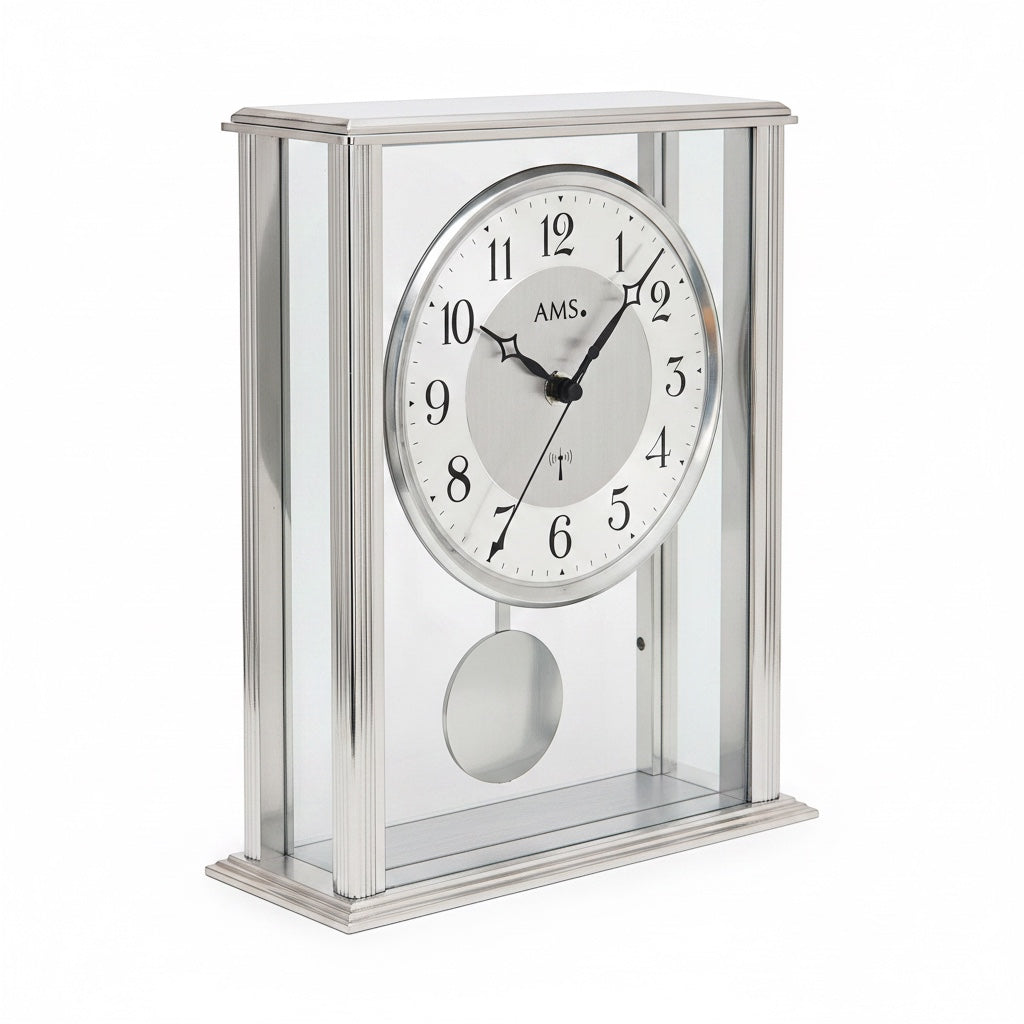 Standuhren.com 🕰️ AMS F5190 Funk-Tischuhr mit silbernem Metallgehäuse, Mineralglas und Pendel in modernem Design