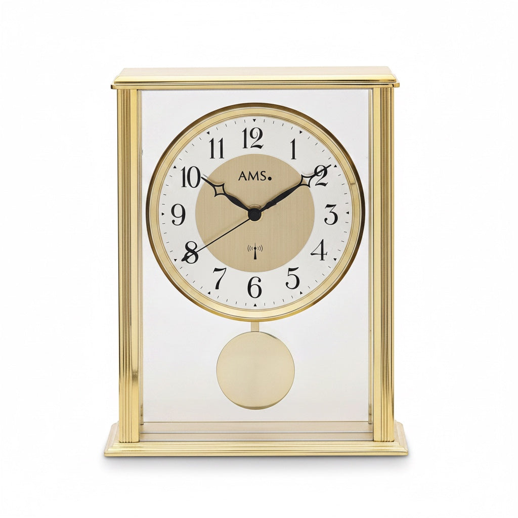 Standuhren.com 🕰️ AMS F5191 Funk-Tischuhr mit goldenem Metallgehäuse, Mineralglas und Pendel in modernem Design