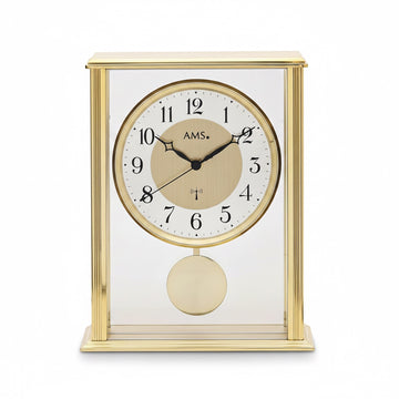 Standuhren.com 🕰️ AMS F5191 Funk-Tischuhr mit goldenem Metallgehäuse, Mineralglas und Pendel in modernem Design