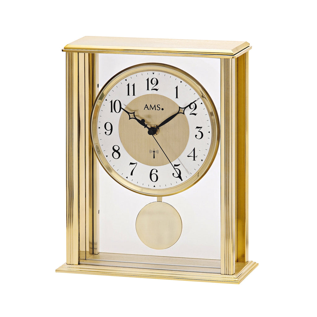 Standuhren.com 🕰️ AMS F5191 Funk-Tischuhr mit goldenem Metallgehäuse, Mineralglas und Pendel in modernem Design