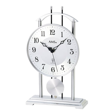 Standuhren.com 🕰️ AMS F5192 Funk-Tischuhr aus silber lackiertem Metall mit Aluminium-Zifferblatt und Pendel