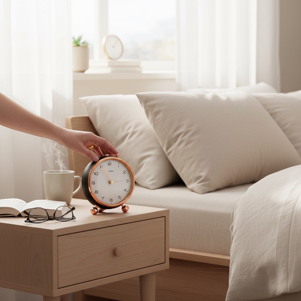 Standuhren.com 🕰️ AMS F5195 Funk-Tischuhr in Schwarz und Messing auf einem Nachttisch neben einem Buch und Kaffee.