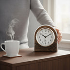 Standuhren.com 🕰️ AMS F5196 Funk-Tischuhr aus Wildeiche mit Mineralglas auf einem Schreibtisch neben einer Kaffeetasse