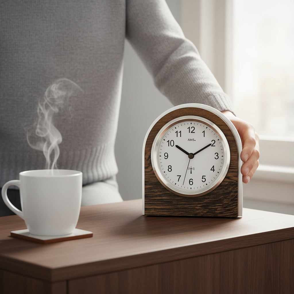 Standuhren.com 🕰️ AMS F5196 Funk-Tischuhr aus Wildeiche mit Mineralglas auf einem Schreibtisch neben einer Kaffeetasse