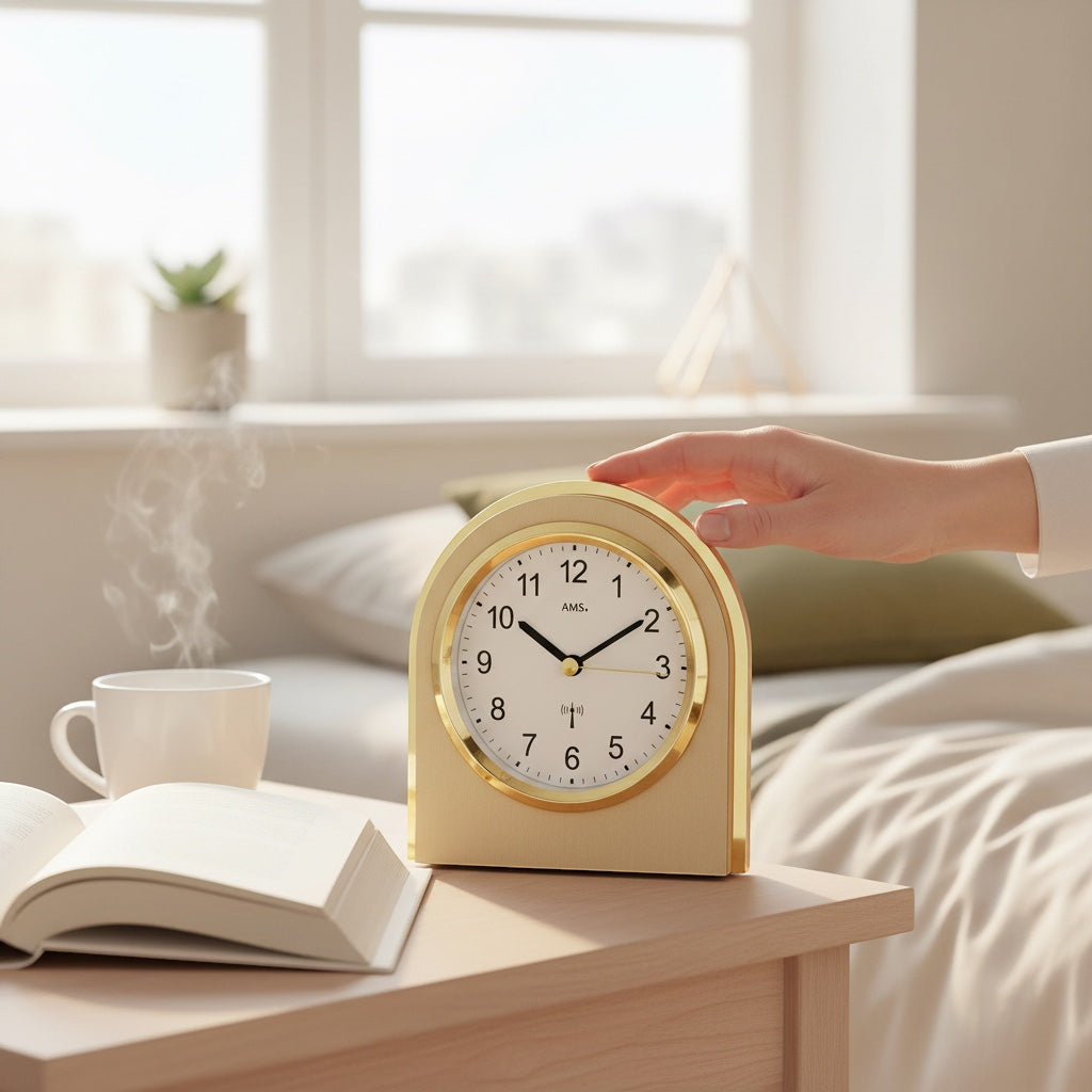 Standuhren.com 🕰️ Funk-Tischuhr AMS F5197 mit Holzgehäuse, Messingauflage und Mineralglas auf einem Nachttisch