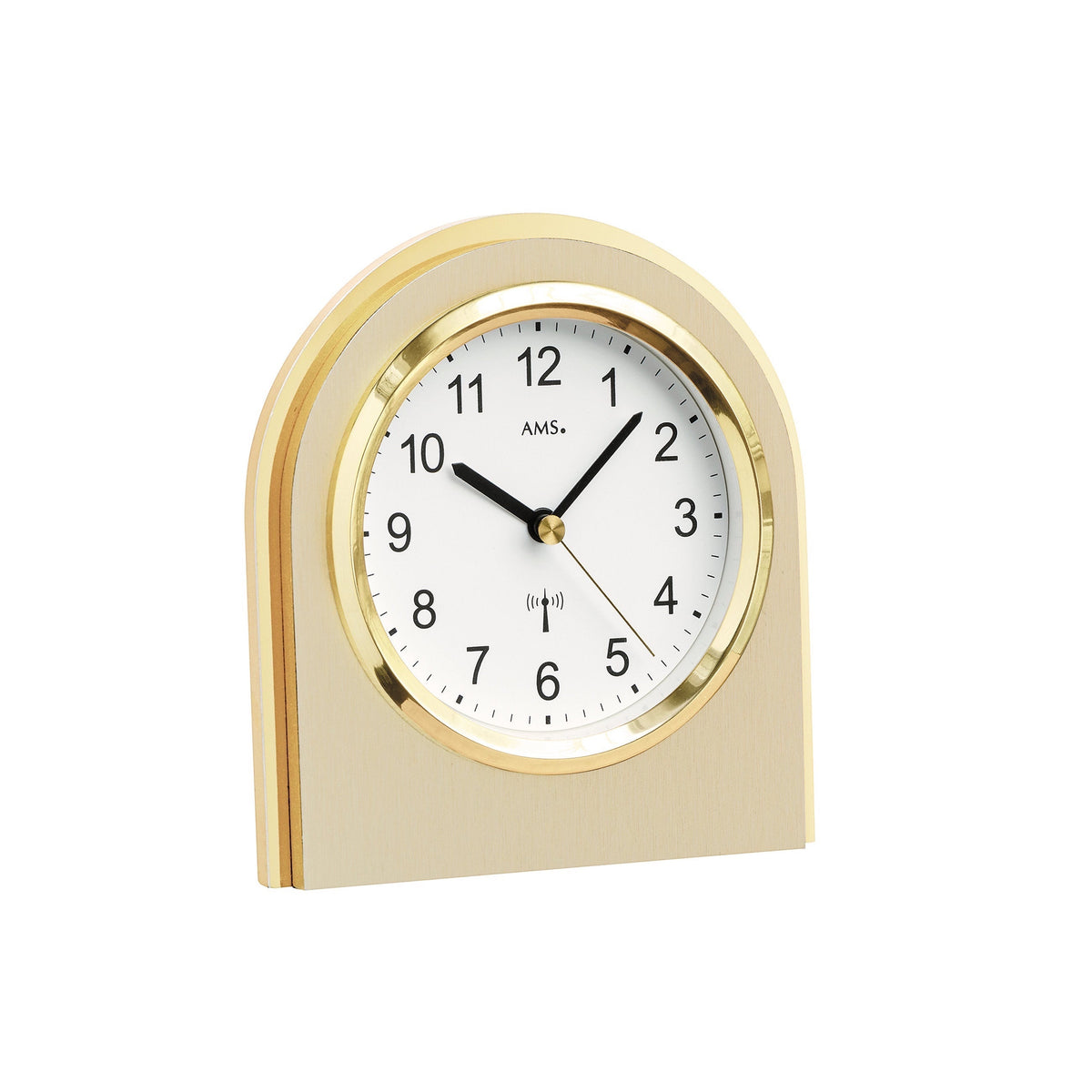 Standuhren.com 🕰️ AMS F5197 Funk-Tischuhr mit elegantem Holzgehäuse, goldfarbener Messingauflage und Mineralglas