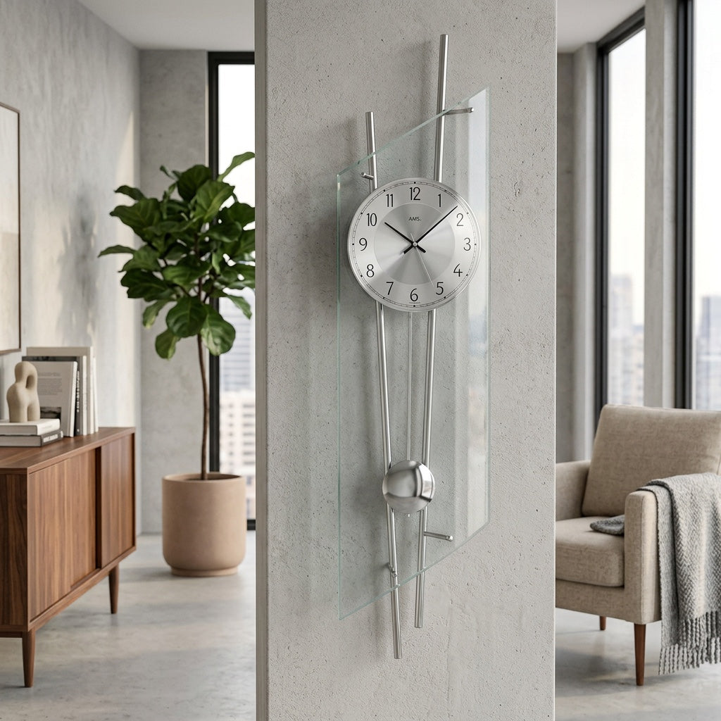 Standuhren.com 🕰️ AMS F5200 Funk-Pendelwanduhr mit Metallgehäuse und facettiertem Mineralglas in modernem Wohnraum