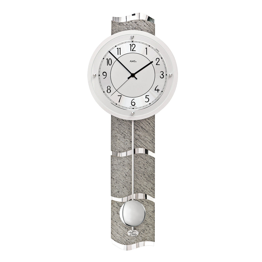 Standuhren.com 🕰️ AMS F5216 Funk-Pendelwanduhr mit geschwungener Naturstein-Rückwand und modernem Aluminium-Zifferblatt