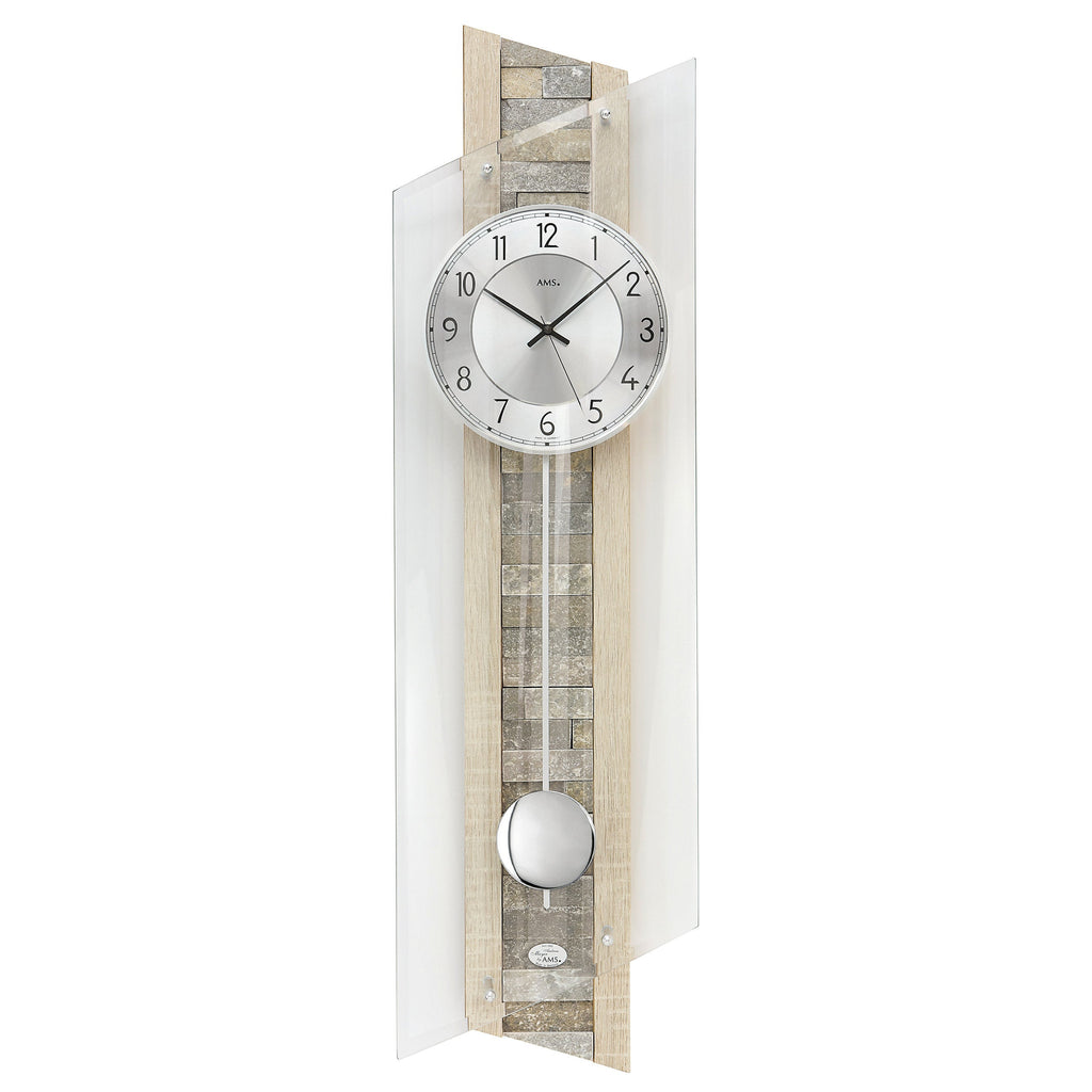 Standuhren.com 🕰️ AMS F5224 Pendel-Funkwanduhr mit Sonoma-Holz, Naturstein-Einlage und Aluminium-Zifferblatt.