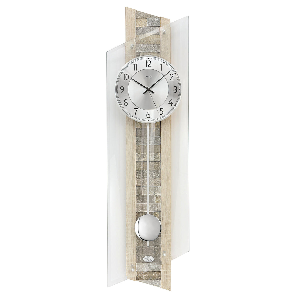 Standuhren.com 🕰️ AMS F5224 Pendel-Funkwanduhr mit Sonoma-Holz, Naturstein-Einlage und Aluminium-Zifferblatt.