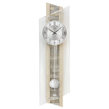 Standuhren.com 🕰️ AMS F5224 Pendel-Funkwanduhr mit Sonoma-Holz, Naturstein-Einlage und Aluminium-Zifferblatt.