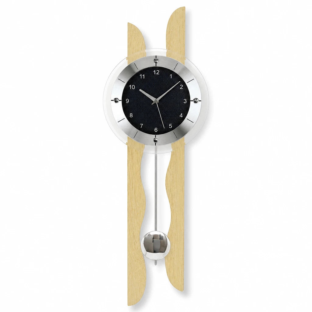 Standuhren.com 🕰️ AMS F5238 Funk-Pendelwanduhr mit hellem Ahornholz, schwarzem Zifferblatt und silbernem Pendel