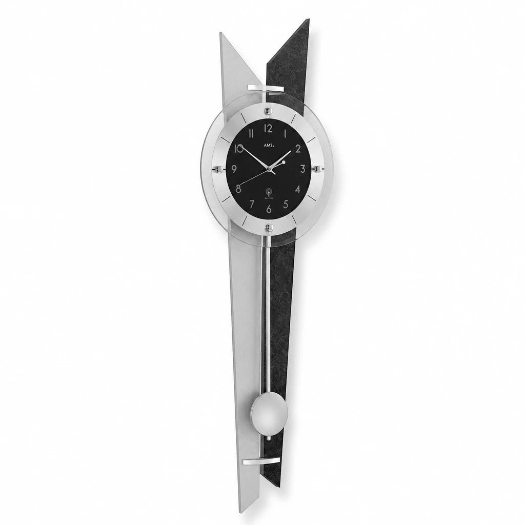 Standuhren.com 🕰️ AMS F5253 Funk-Pendelwanduhr mit Holzrückwand in Schieferoptik und modernen Aluminium-Applikationen