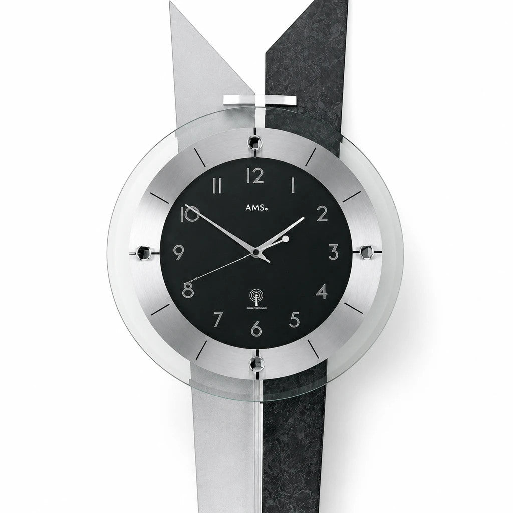 Standuhren.com 🕰️ AMS F5253 Funk-Pendelwanduhr mit Holzrückwand in Schieferoptik, Aluminium-Elementen und Mineralglas